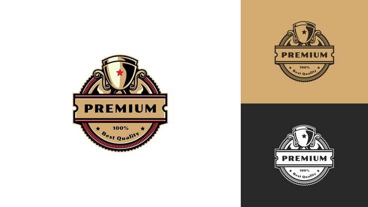 Selo de distintivo elegante de luxo premium com design de troféu em vetor