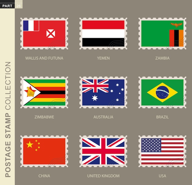 Vetor selo postal com bandeira, coleção de 9 bandeiras: austrália, brasil, china, reino unido, eua, wallis e futuna, iêmen, zâmbia, zimbábue