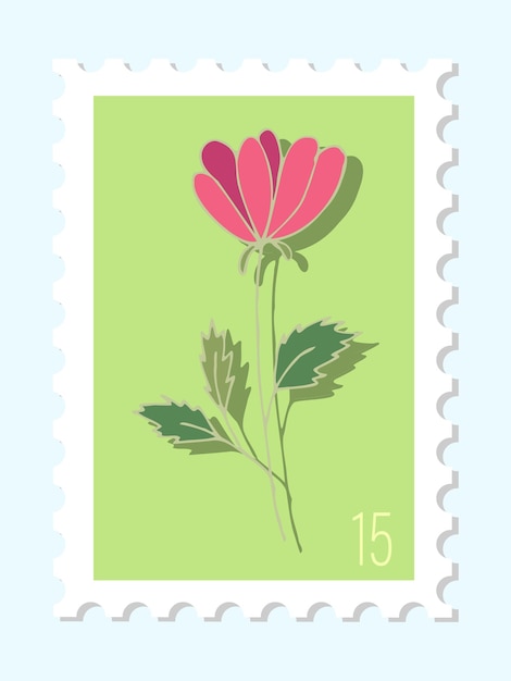 Vetor selo postal desenhado à mão vetorial design moderno isolado de selo postal ilustração vetorial de flores cor de rosa com folhas selo postal correios e correios