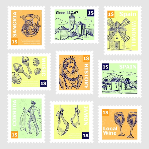 Selo postal do país espanha com elemento de desenho