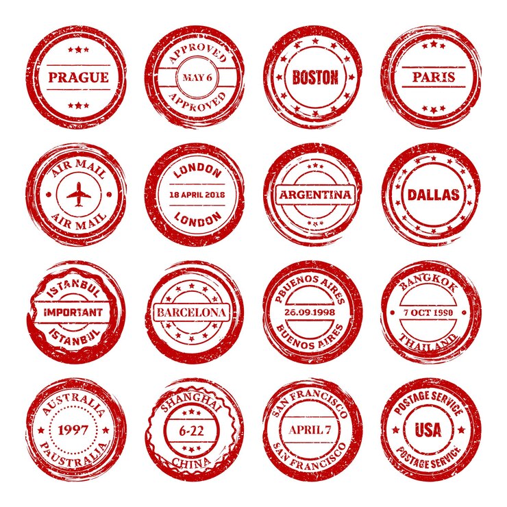 Vetor selos postais rótulos e insígnias impressões grunge e selos postais vermelho círculo vintage cartão postal marcas d'água