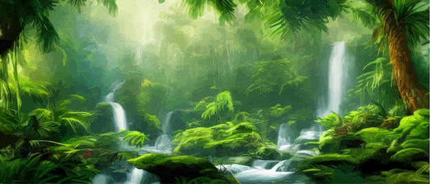 Selva cachoeira vetor ilustração fantasia mística fauna floresta tropical paisagem panorâmica