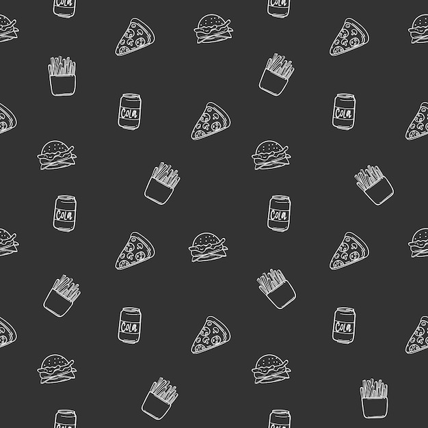 Sem costura de fundo com pizza, coca-cola, batatas fritas, sanduíche, ilustração vetorial eps 10.