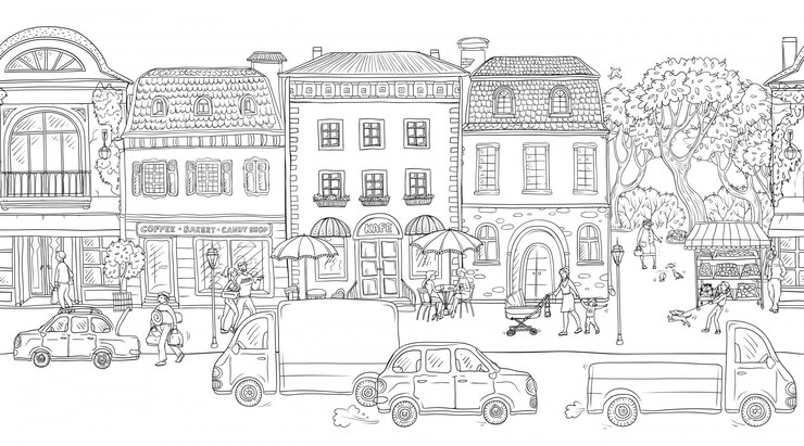 Vetor sem costura de fundo. ilustração vetorial rua urbana na histórica cidade europeia. pessoas andando, edifícios residenciais com cafés e lojas