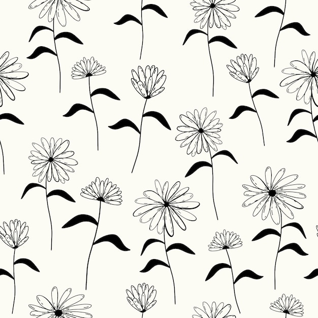 Sem costura padrão floral abstrato natural em fundo branco preto e branco