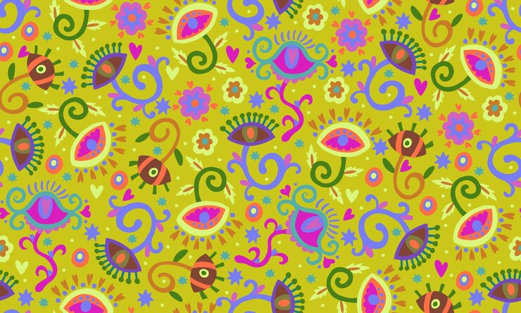 Vetor sem costura padrão floral amarelo psicodélico. olho de flor rosa e verde sobre fundo verde. embrulhar presente