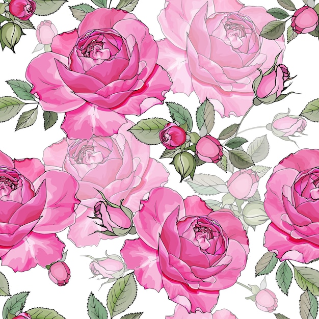 Sem costura padrão floral com botões de flores cor de rosa e folhas verdes em fundo branco