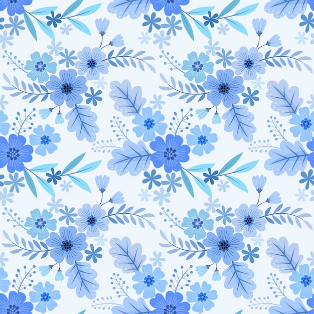 Vetor sem costura padrão floral, papel de parede monocromático azul.