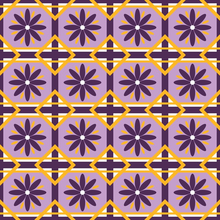 Vetor sem costura padrão geométrico em estilo escandinavo com flores e elementos gráficos