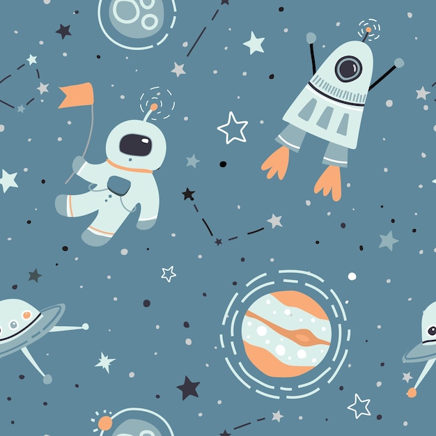 Sem costura padrão infantil com elementos espaciais desenhados à mão espaço satélite planeta foguete estrelas sonda espacial constelações meteorito astronauta Crianças na moda fundo cinza verde vetor