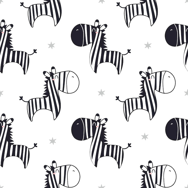 Sem costura padrão infantil com zebras desenhado à mão animais de desenho animado bonito background vector illustrati