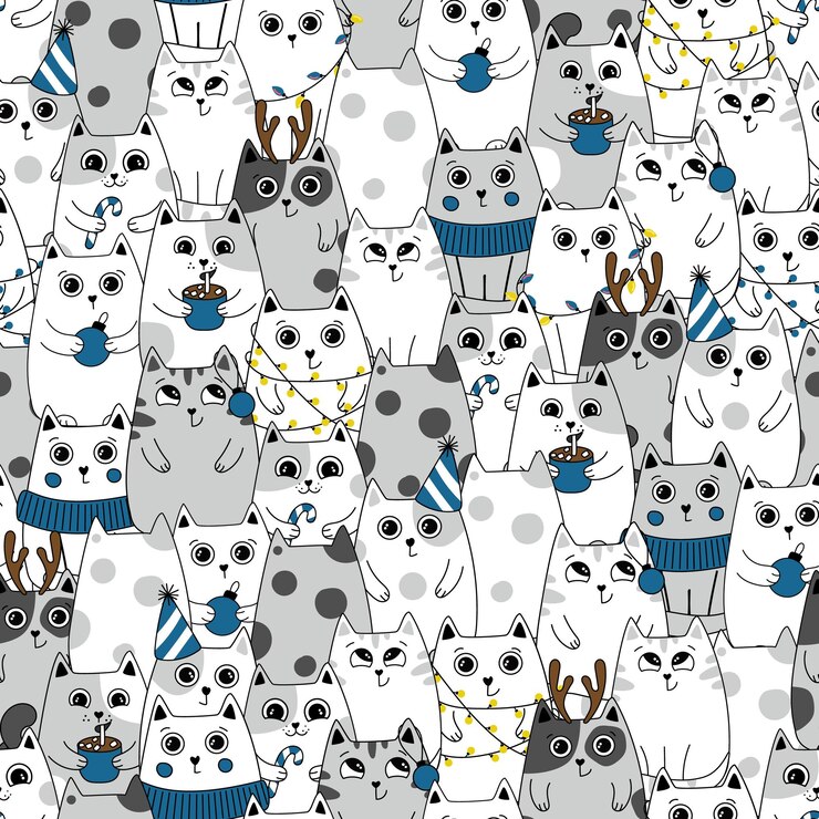 Vetor sem costura padrão inverno gatos bonitos desenhos animados animais ilustração vetorial de fundo