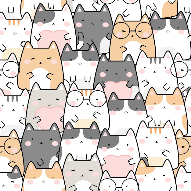 Sem costura padrão Kawaii bonito gatos desenhos animados animais ilustração vetorial de fundo