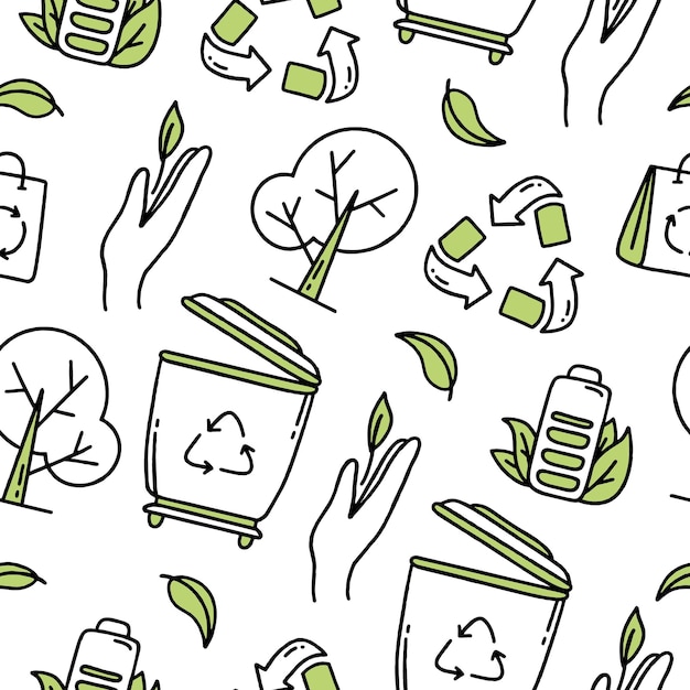 Vetor sem costura padrão reciclagem separação de lixo conceito de co2 de mudança climática vector doodle