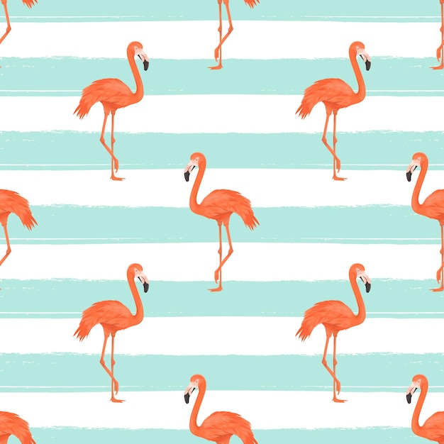 Sem costura pássaro flamingo no fundo azul listrado padrão repetido animal tropical plana ilustração vetorial áfrica savannah pássaros exóticos verão flamingo padrão trópico conceito