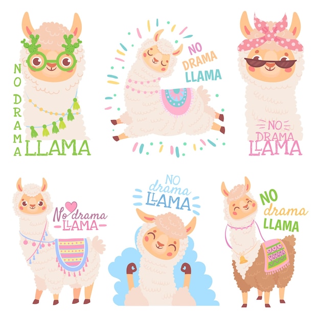 Sem drama lhama. lhamas engraçadas ou citação de alpacas bonitinha, feliz conjunto de ilustração vetorial de alpaca mexicana. coleção de adoráveis animais domésticos fofinhos da américa do sul ou andinos. pacote de crias divertidos.