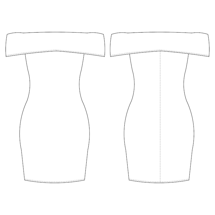 Vetor sem mangas fora do ombro pescoço curto elástico bodycon modelo de vestido desenho técnico esboço plano