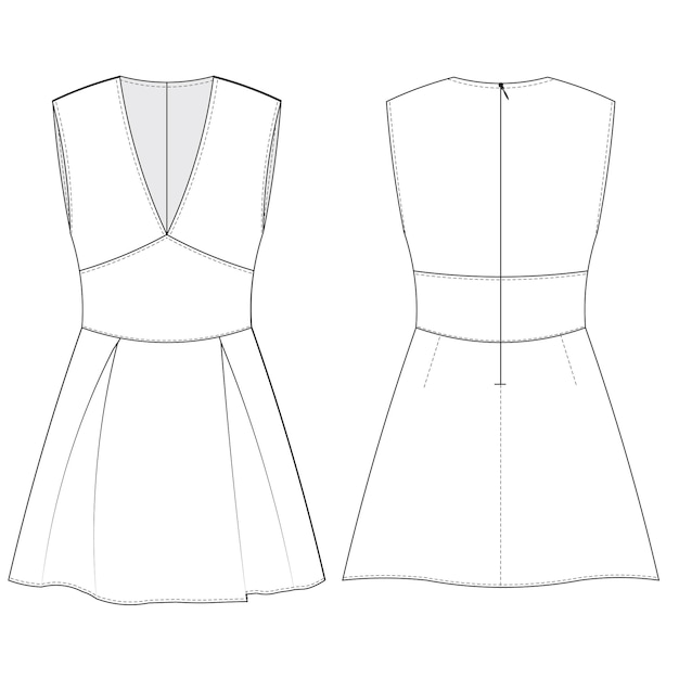 Sem mangas v pescoço zíper plissado vestido curto modelo desenho técnico esboço plano cad mockup fas