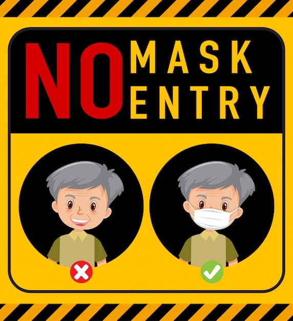 Sem máscara, sem sinal de aviso de entrada com personagem de desenho animado