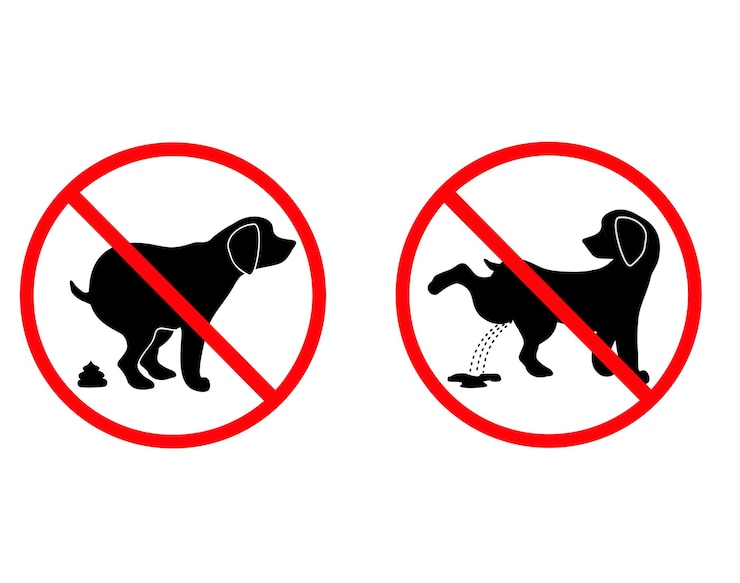 Vetor sem sinal de cocô de cão e sem sinal de xixi de cão não é permitido cagar sinal circular de informação para cão