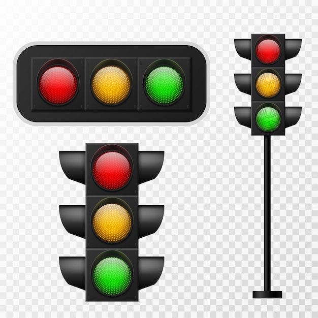 Semáforo. luzes elétricas realistas com três cores vermelho, amarelo e verde. sinais do sistema de regulação de ruas, segurança rodoviária na cidade, conjunto de vetores isolado em fundo transparente