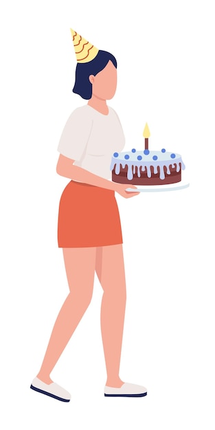 Vetor senhora com bolo de aniversário semi -plana cor de vetor