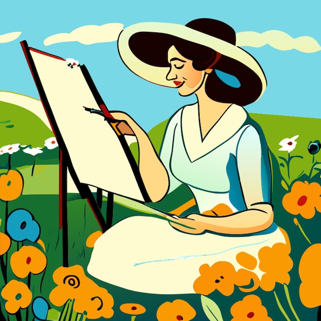 Vetor senhora graciosa está pintando em jardim vector ilustração desenho animado