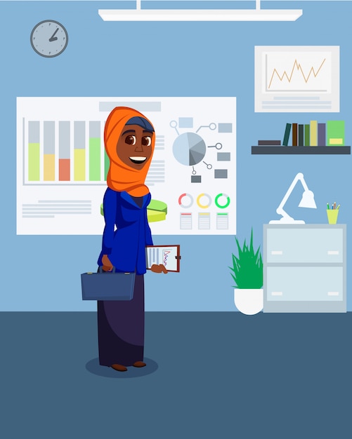 Senhora muçulmana com maleta e relatório no escritório