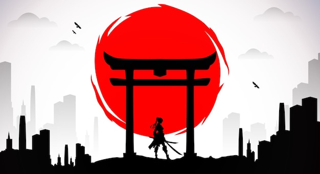 senhora Samurai com papel de parede de lua vermelha papel de parede de samurai urbano fundo de samurai japonês