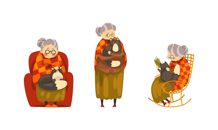 Vetor senhora velha feliz e solitária com seu conjunto de gatos avó acariciando sua ilustração vetorial de desenho animado de gato preto