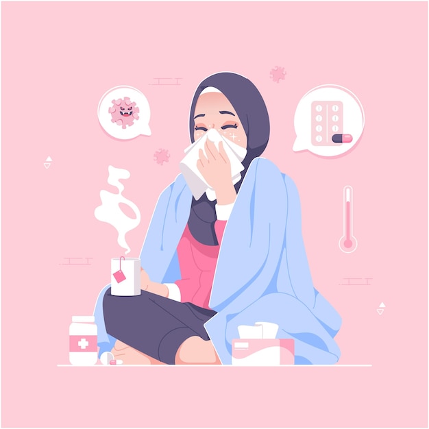 Sentindo frio e febre ilustração de personagem menina islâmica hijab