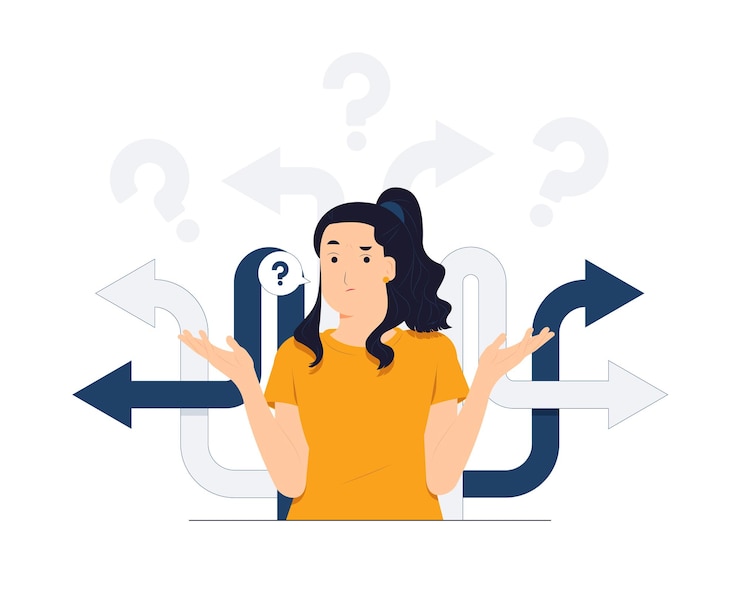 Vetor sentindo-se confuso sobre a decisão de negócios entre a direita ou a esquerda, sim ou não, dilema ético, escolhendo a ilustração do conceito indeciso de escolha