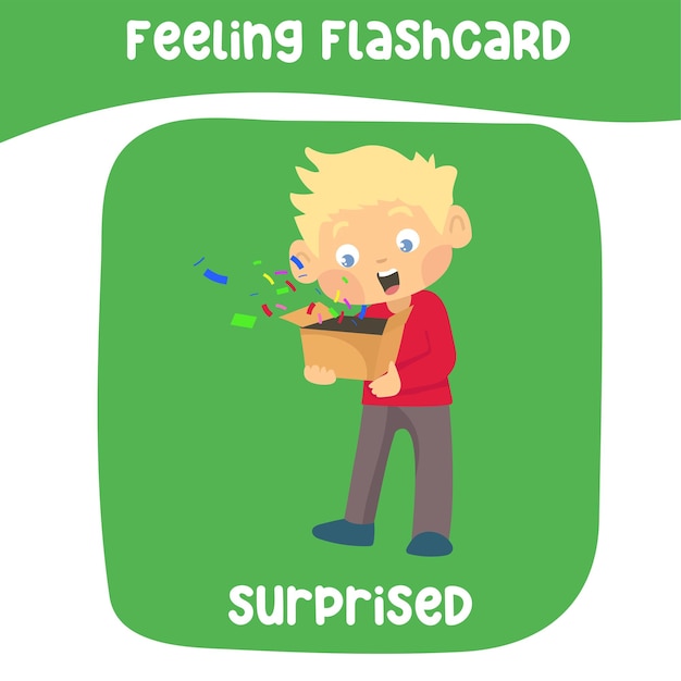 Sentindo-se surpreso flashcard para crianças aprendendo sentimentos e emoções em inglês Personagem bonito de sentimentos coleção de flashcard Cartões de jogo para impressão Pronto para imprimir arquivo vetorial