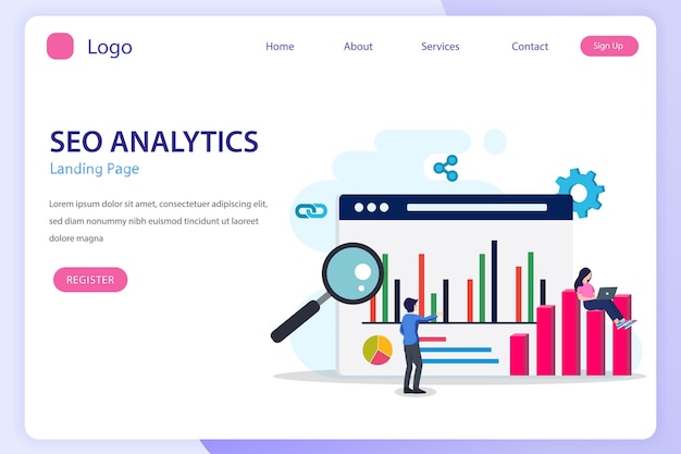 Seo analytics team ranking do mecanismo de busca seo sucesso seo ilustração de otimização com ícones e personagens estilo de modelo de vetor plano adequado para páginas de destino na web