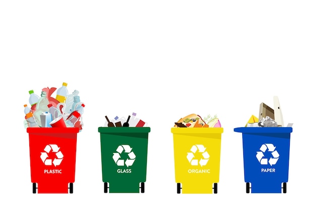Separação e reciclagem recipientes para lixo e lixo para triagem de diferentes tipos de resíduos
