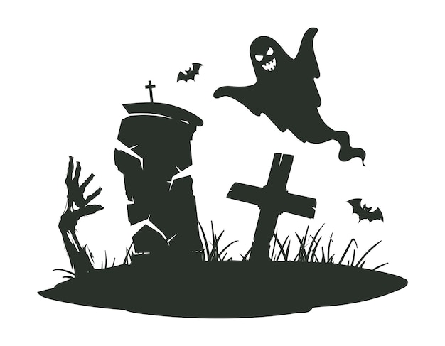 Sepulcro de desenho animado com mão de zumbi e fantasma monstro de halloween mão magra de zumbi saindo da lápide silhueta de vetor plano ilustração assustadora de halloween cartaz