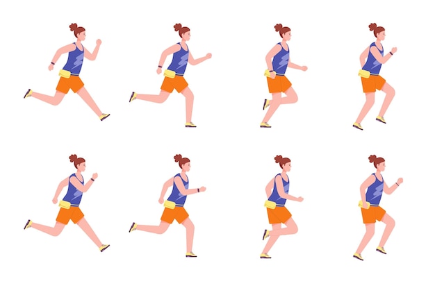 Sequência de mulher correndo animação sprite correr mulheres para a frente poses de corredor de bicicleta movimento de perna de corrida 2d perfil de atleta de fitness animado em tênis esportivos ilustração vetorial esplêndida