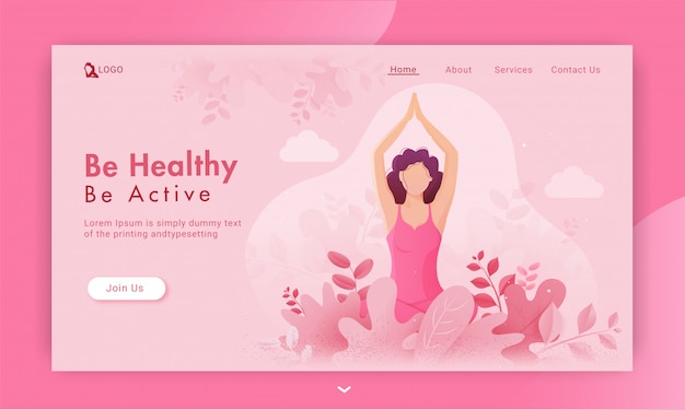 Ser saudável ser ativo base landing page com mulher sem rosto prática yoga sukhasana pose na vista da natureza-de-rosa.