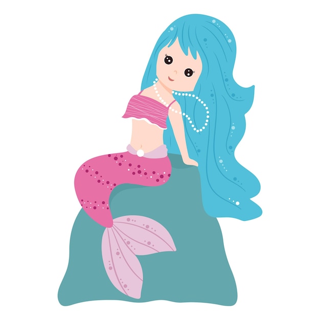 Sereia bonita com cabelo loiro e cauda azul sentada na pedra. mão-extraídas  ilustração dos desenhos animados. isolado no branco. modelo para design de  t-shirt, jogos para celular, livro infantil, tatuagem, cartão.