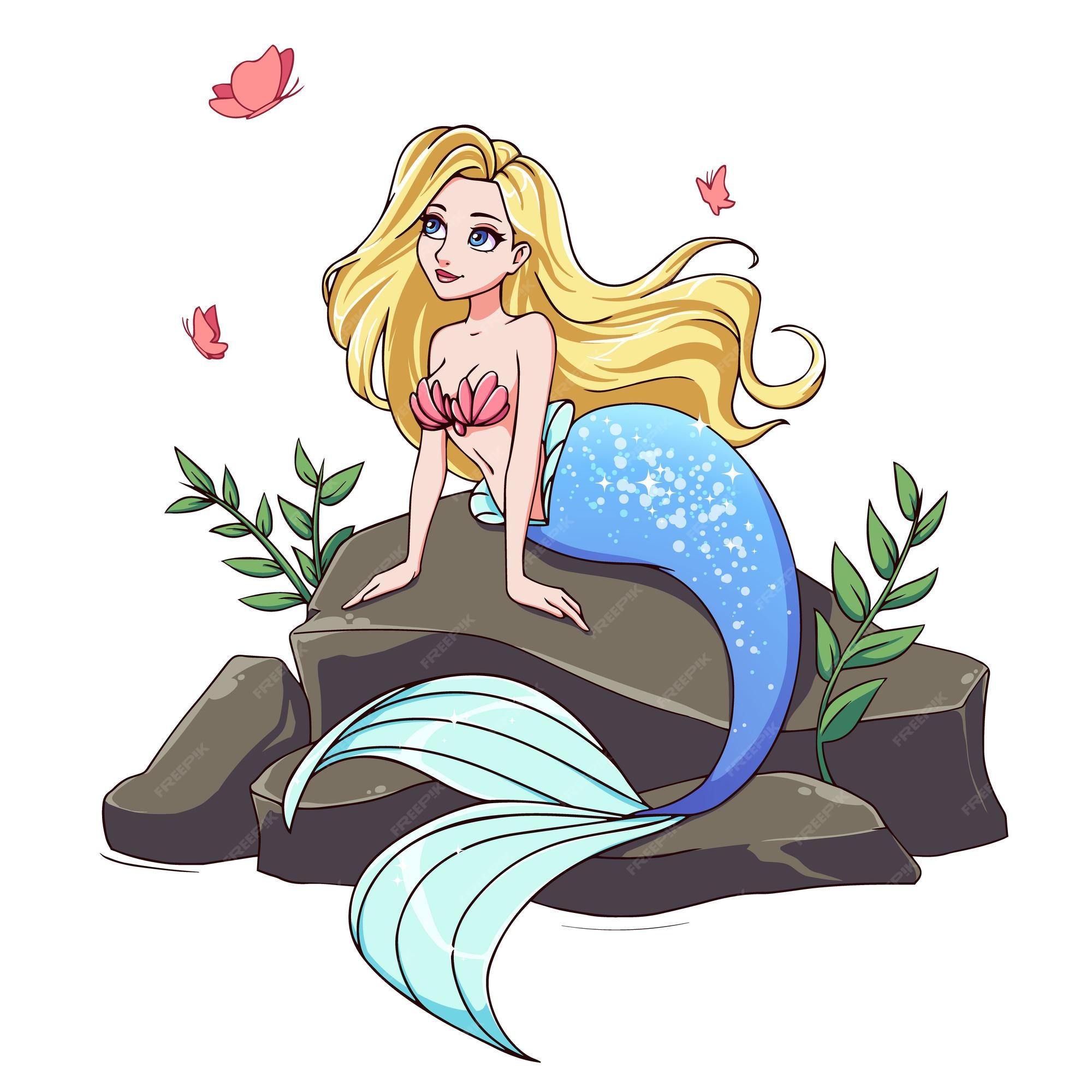 Sereia bonita com cabelo loiro e cauda azul sentada na pedra. mão-extraídas  ilustração dos desenhos animados. isolado no branco. modelo para design de  t-shirt, jogos para celular, livro infantil, tatuagem, cartão.