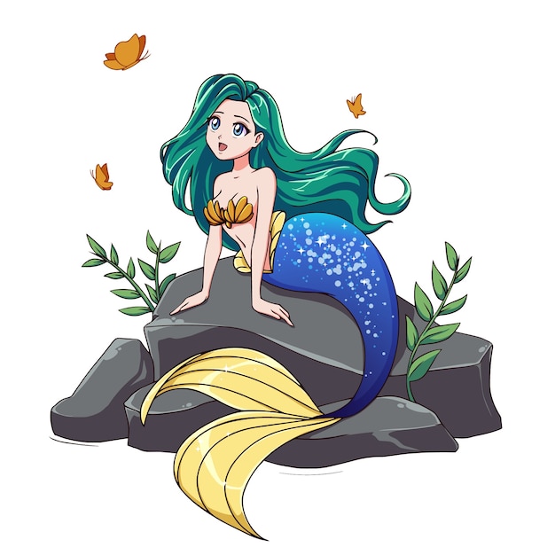 Sereia bonita com cabelo verde e cauda azul sentada na pedra.