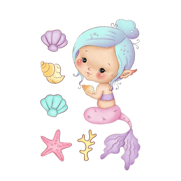 Sereia bonito dos desenhos animados com uma cauda rosa e cabelo azul em um fundo branco