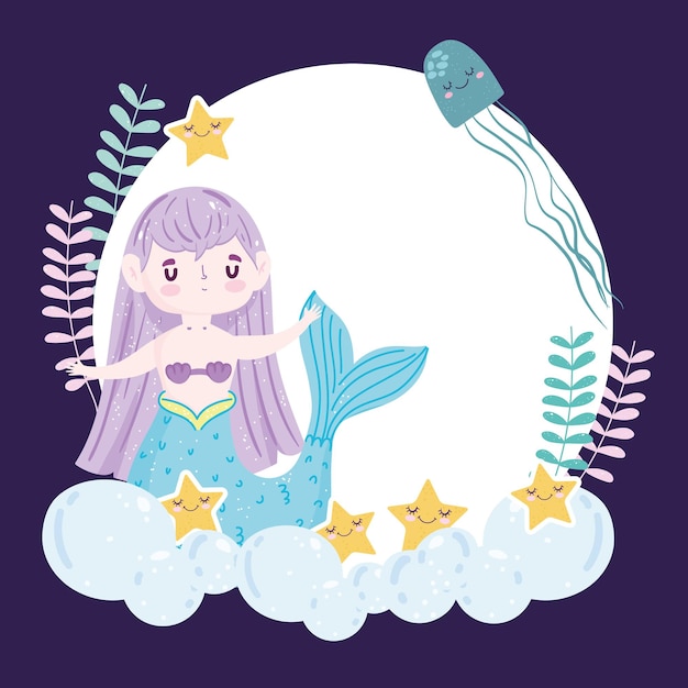 Sereia com lindas estrelas do mar e ilustração jellyfih