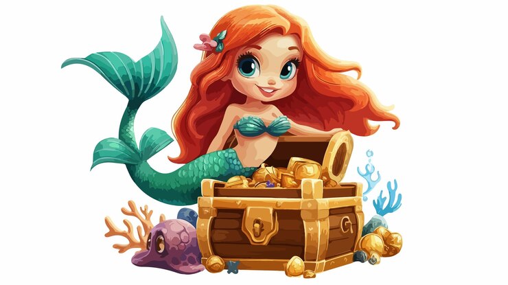 Vetor sereia encantadora com ilustração vetorial do baú do tesouro