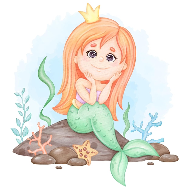 Sereia fofa sentada em uma rocha ilustração infantil em aquarela