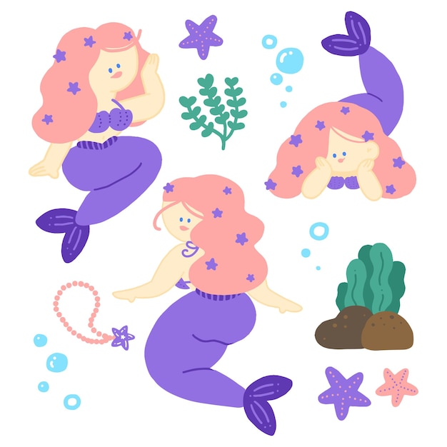 Vetor sereia senhora de cabelo rosa com cauda roxa pastel e elementos fofos debaixo d'água