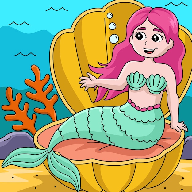 Sereia sentada em um desenho colorido de concha