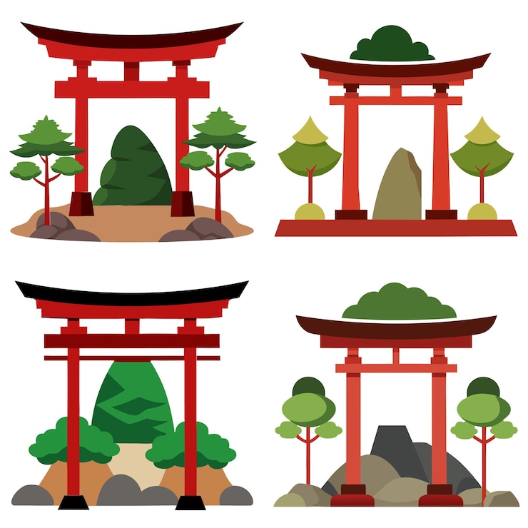Vetor serena porta japonesa de torii clipart com árvores e rochas
