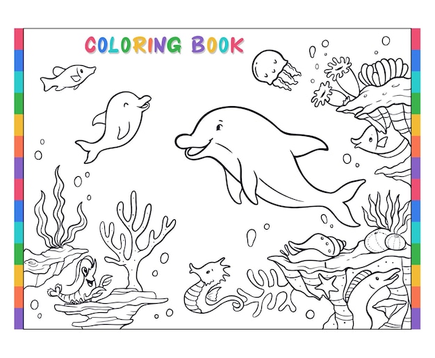 Vetor série de livros de colorir subaquáticos para colorir mãe golfinho