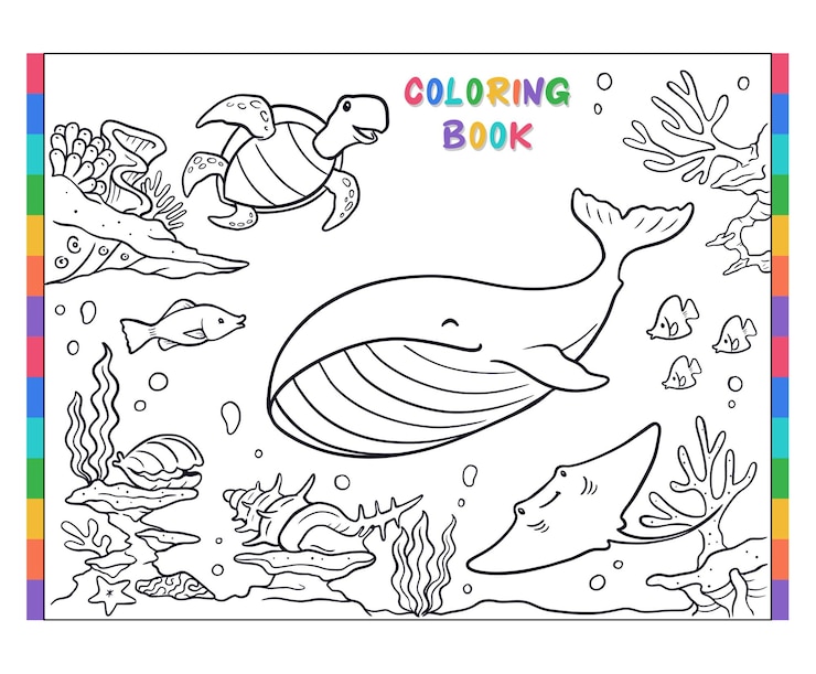 Vetor série de livros para colorir subaquáticos, baleia e tartaruga